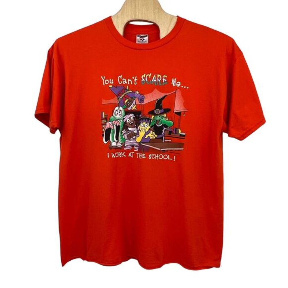 Vintage Jerzees Halloween‎ T Shirt You Cannot Scare Me I Work At The School 2x